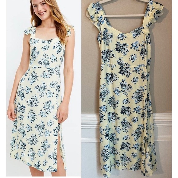 LOFT Dresses & Skirts - LOFT Yellow Blue Floral Ruffle Shoulder Midi Dress Size 4 Viscose Cottagecore